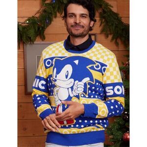 Box Lunch Sonic the Hedgehog Gold Rings Portrait Holiday Sweater New Size Medium